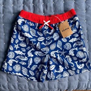 NWT Boden Blue and Red Sea Life Swim Shorts - boys size 5/6Y